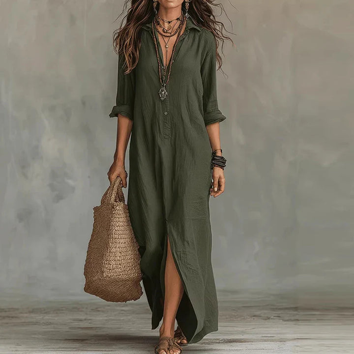 Vivienne | Dame Boho Skjortekjole Maxikjole med Slids