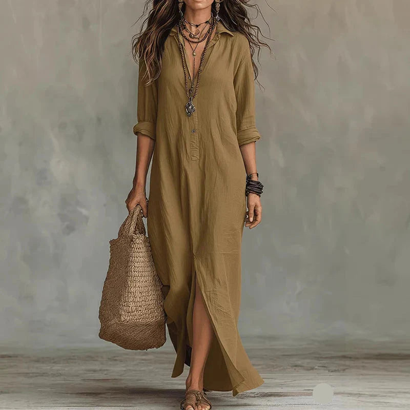 Vivienne | Dame Boho Skjortekjole Maxikjole med Slids