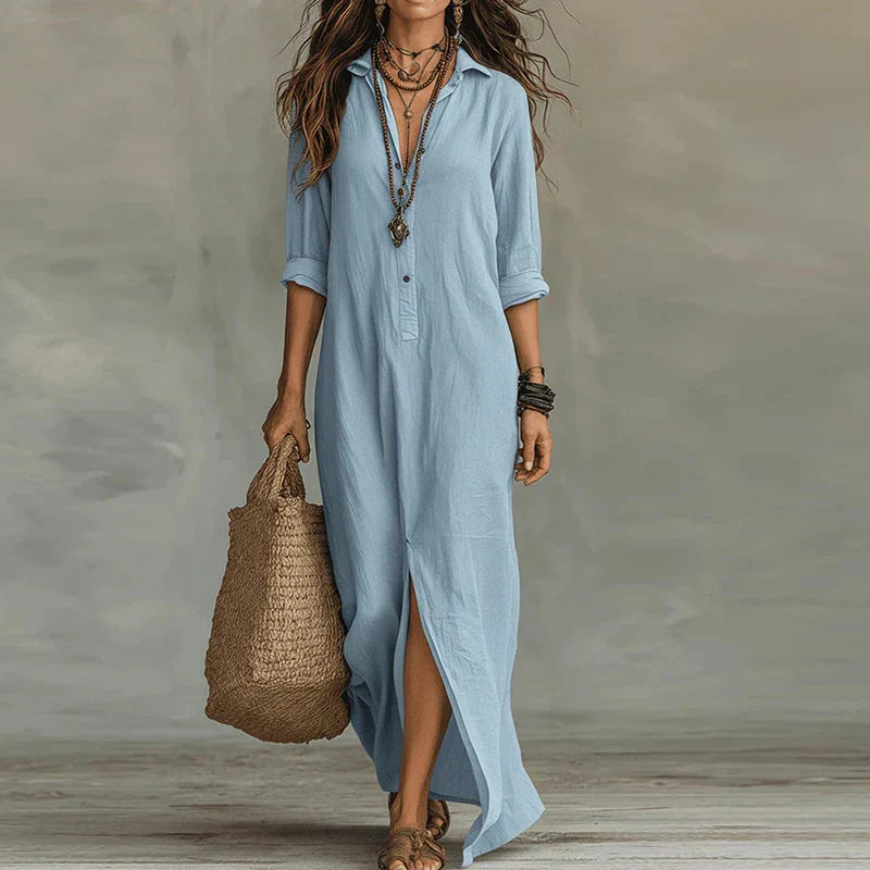 Vivienne | Dame Boho Skjortekjole Maxikjole med Slids